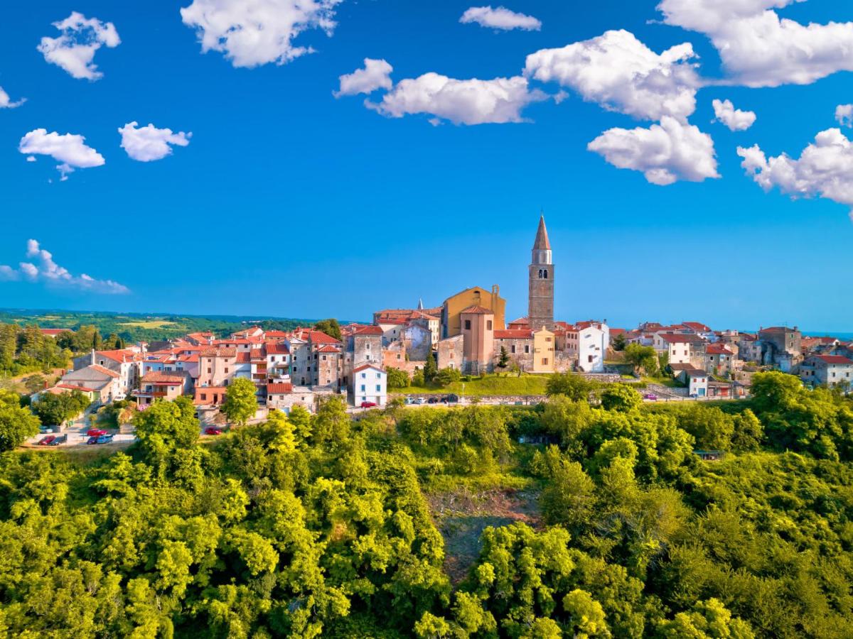 Panoramablick von der Terrasse der Casa Nini über die Hügel Istriens auf die Altstadt von Buje